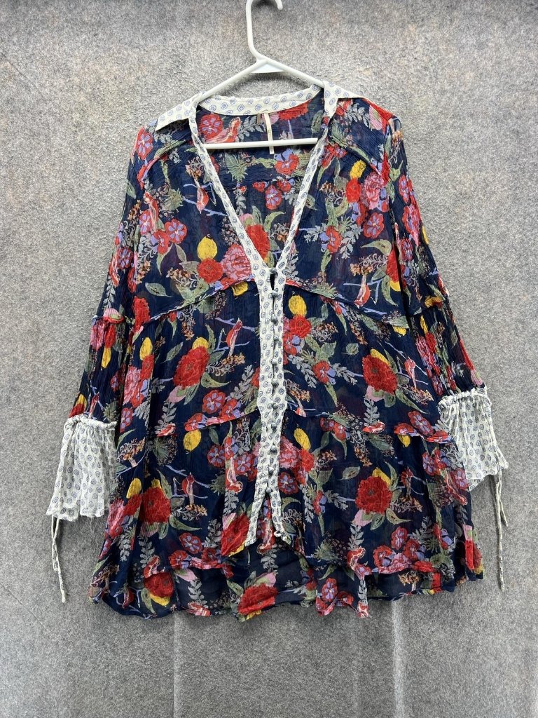 Free People Blouse Women Small Blue Floral V Neck Sheer Bell Sleeve Boho Tunic